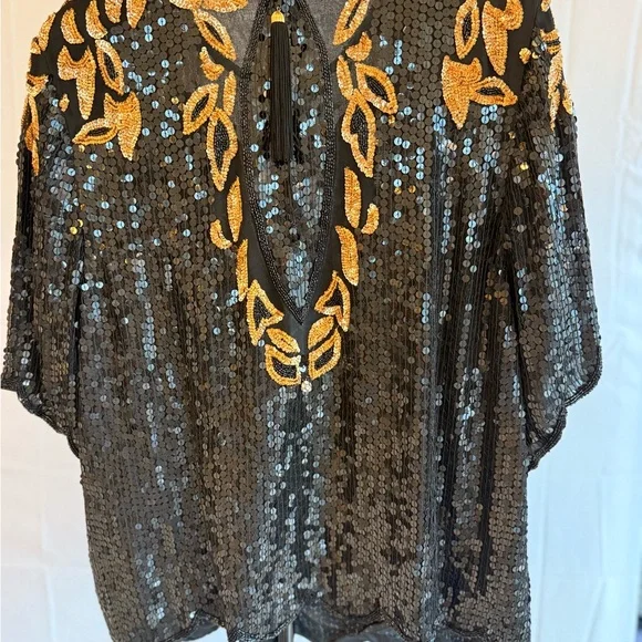 Vintage Silk Elegant Black and Gold Sequin Blouse - Picture 2 of 9